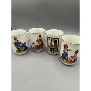 Norman Rockwell Museum Coffee Mugs Set Gold Rim Japan Vintage 1982-85
